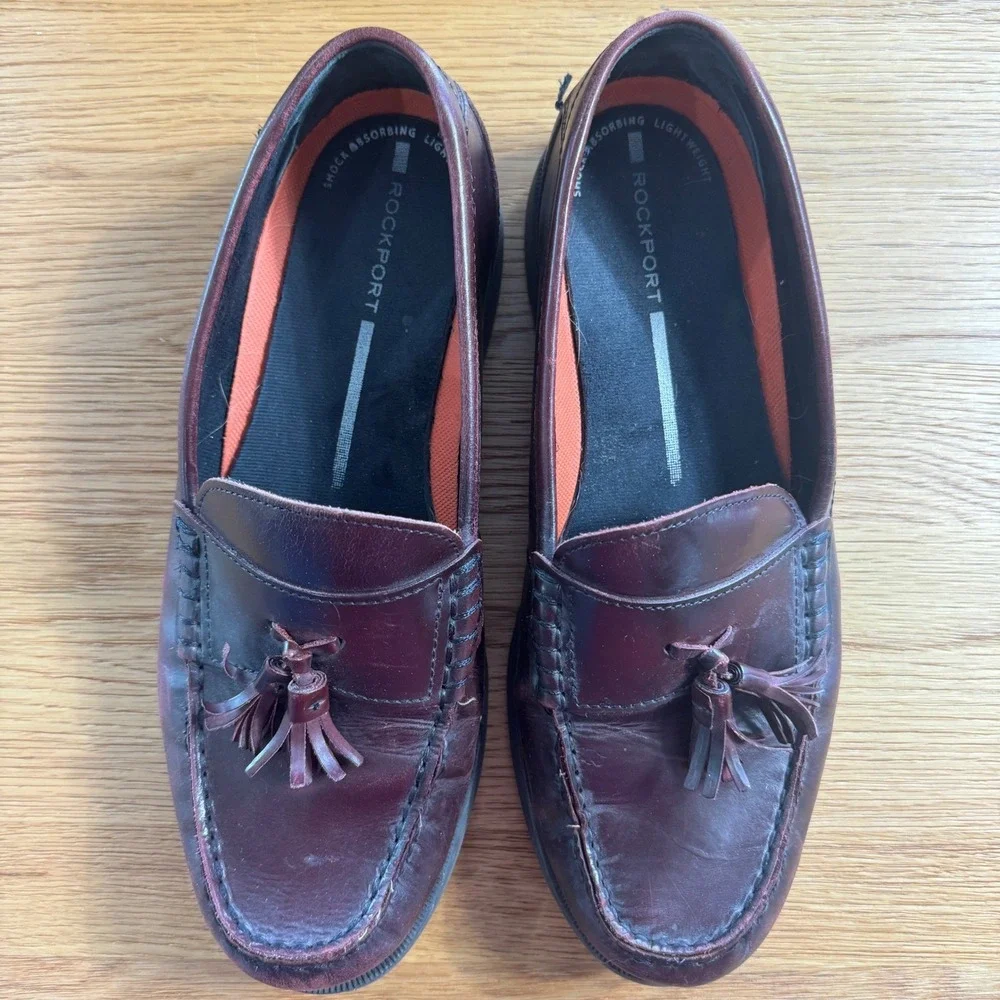 Rockport Mens Burgundy Leather Tassel Loafers Shock Absorbing Shoes Mens Size 10